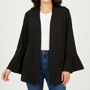 Susan Graver Black Open Front Cardigan Bell Sleeve Women's Size Lg Liquid Knit